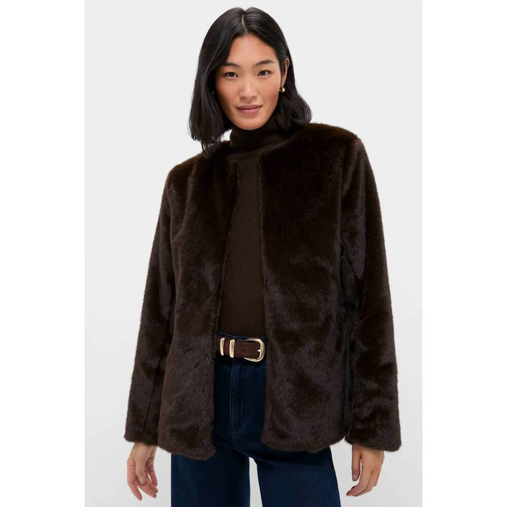 NEW LINE AND DOT crewneck faux fur jacket in dark brown